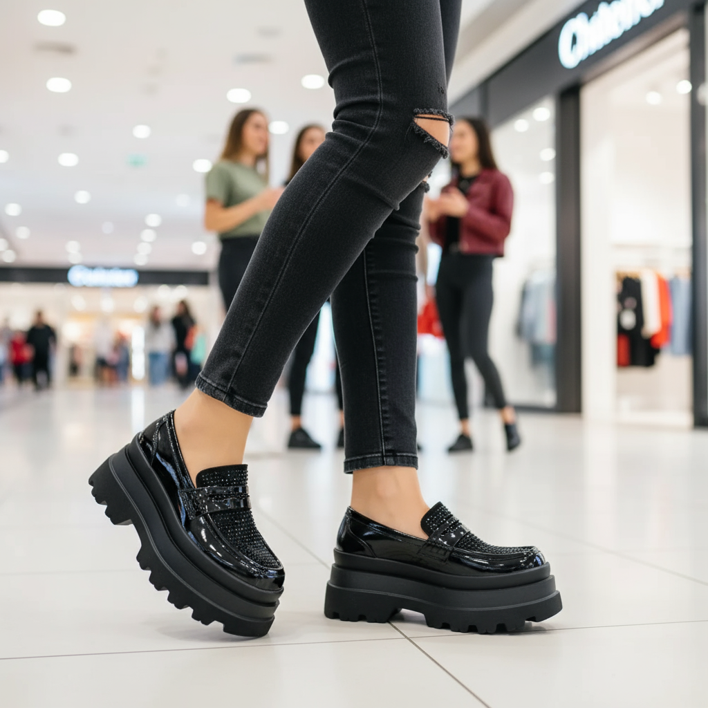 Mocasin Plataforma Negro Charol Brillos