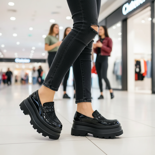 Mocasin Plataforma Negro Charol Brillos