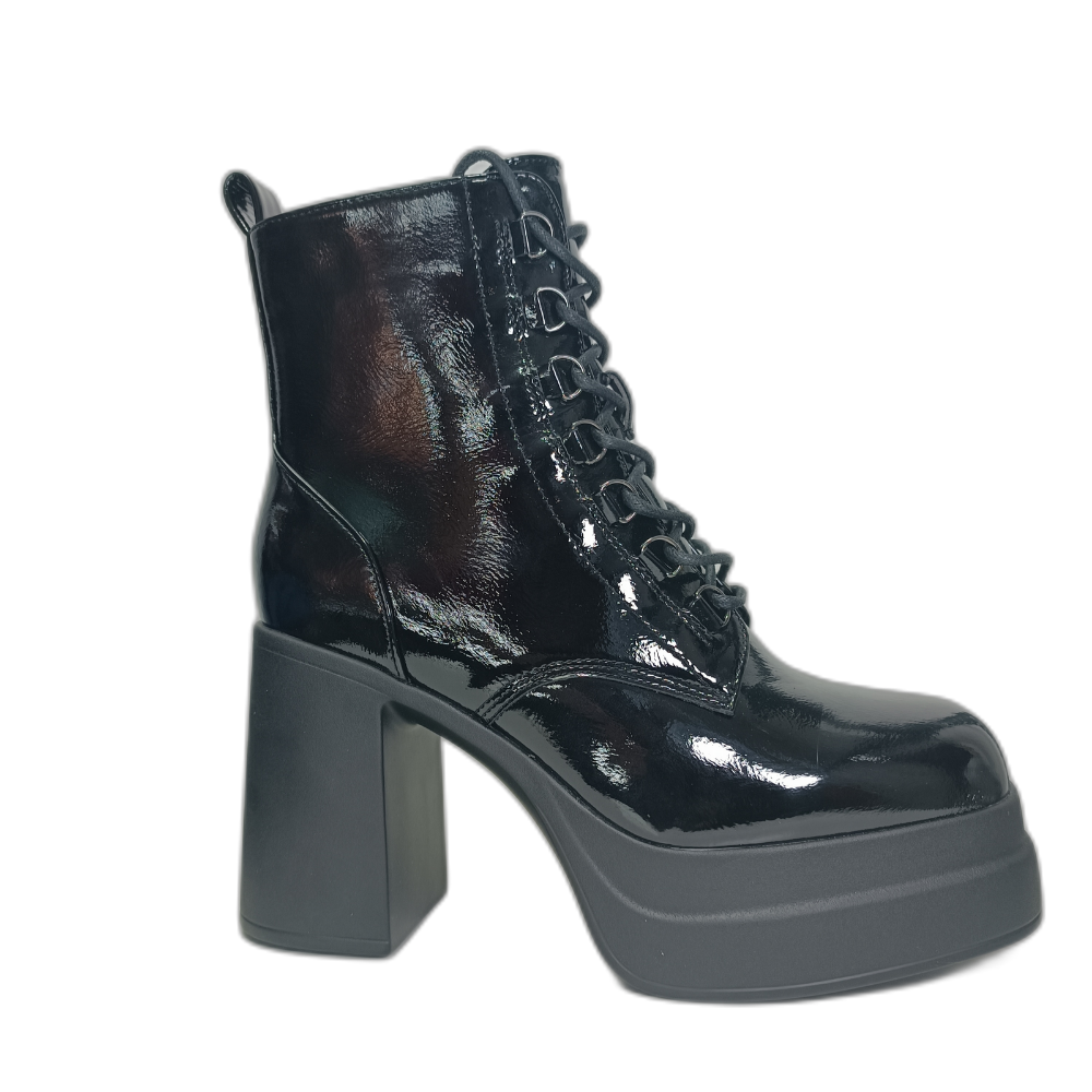 Botin Plataforma Negro Charol mujer Taco Alto Cordones 10 CM