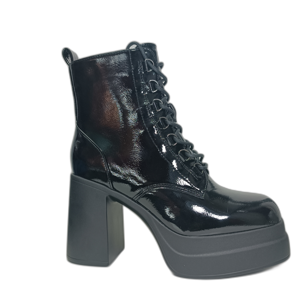 Botin Plataforma Negro Charol mujer Taco Alto Cordones