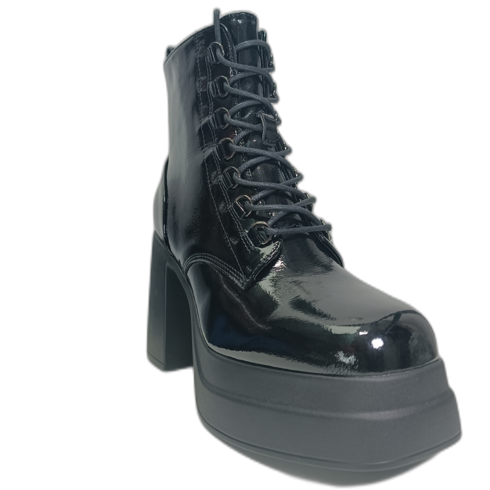 Botin Plataforma Negro Charol mujer Taco Alto Cordones