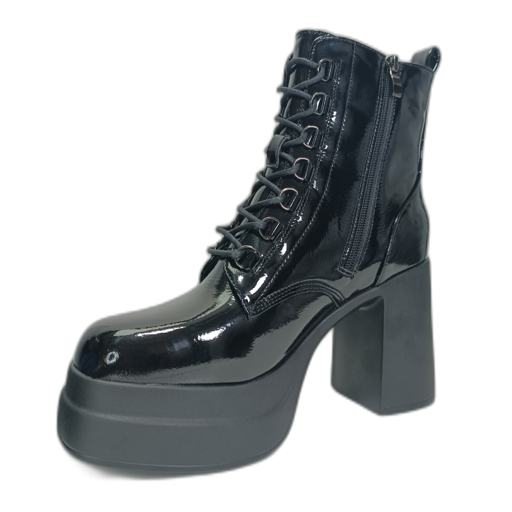 Botin Plataforma Negro Charol mujer Taco Alto Cordones 10 CM