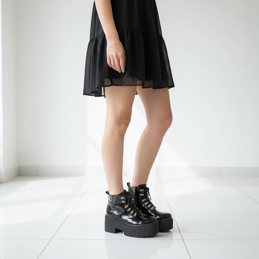 Botín Charol Negro con Plataforma y Cordones