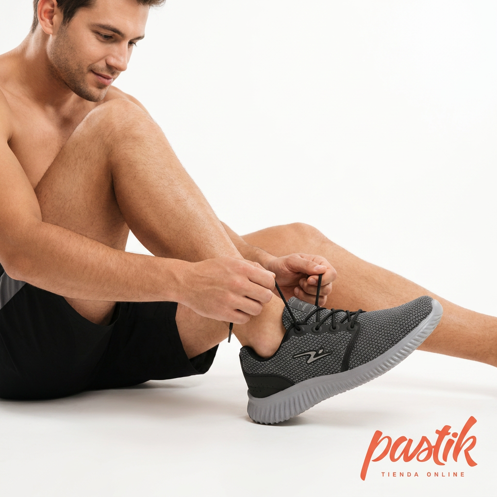 Zapatilla de hombre Flex gris de la marca Pastikcl, vista lateral con detalles de suela y diseño deportivo.