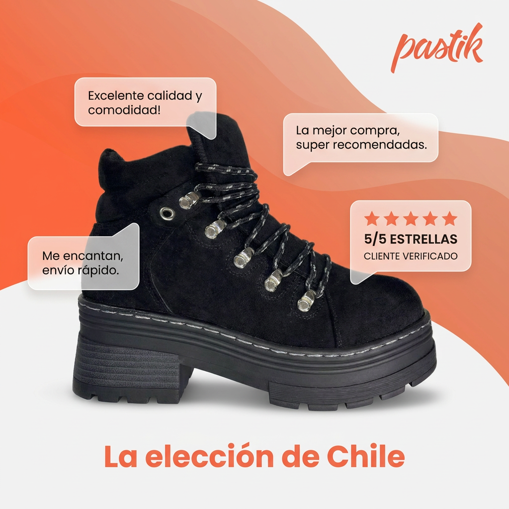 Botín negro de microfibra robusto con plataforma de la marca Pastikcl, con detalles de diseño y suela resistente visible en la imagen.