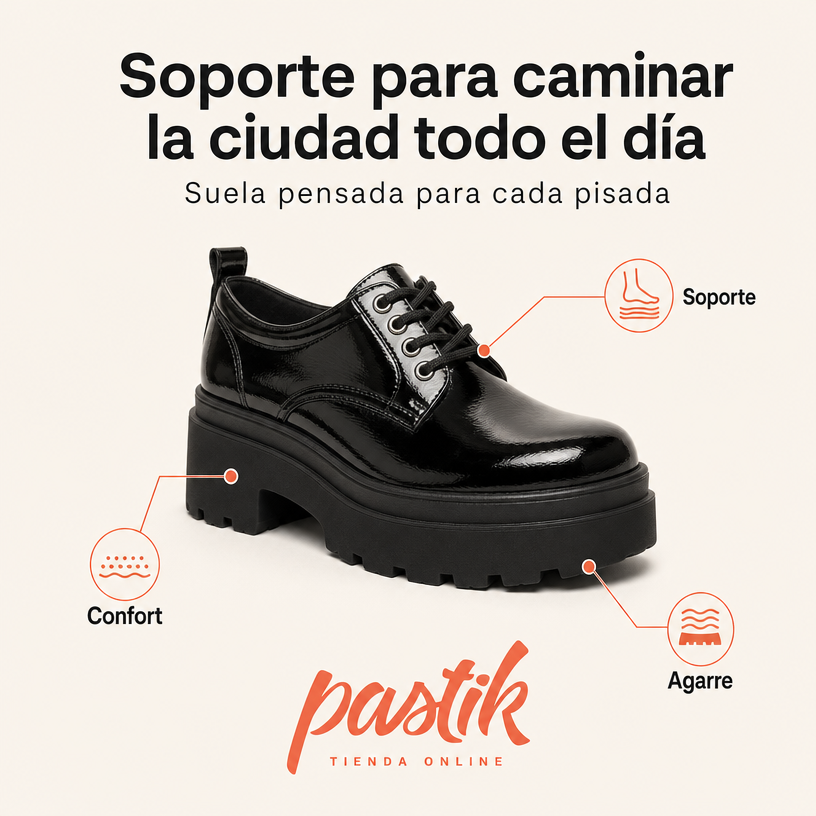 Zapato de charol negro de plataforma de la marca pastikcl, con acabado brillante y diseño elegante para ocasiones especiales.