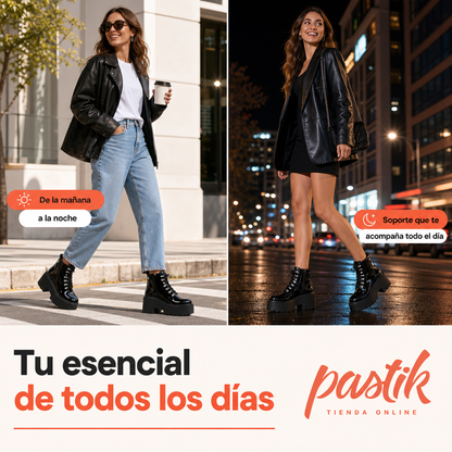 Botines de charol negro con plataforma y cordones de la marca pastikcl, mostrados en la imagen.