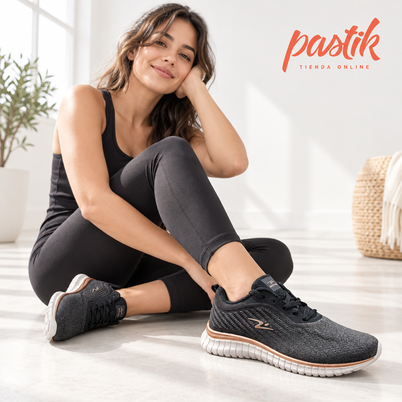Zapatilla deportiva mujer en negro con detalles en bronce, modelo 8614 de la marca Pastikcl, vista lateral.