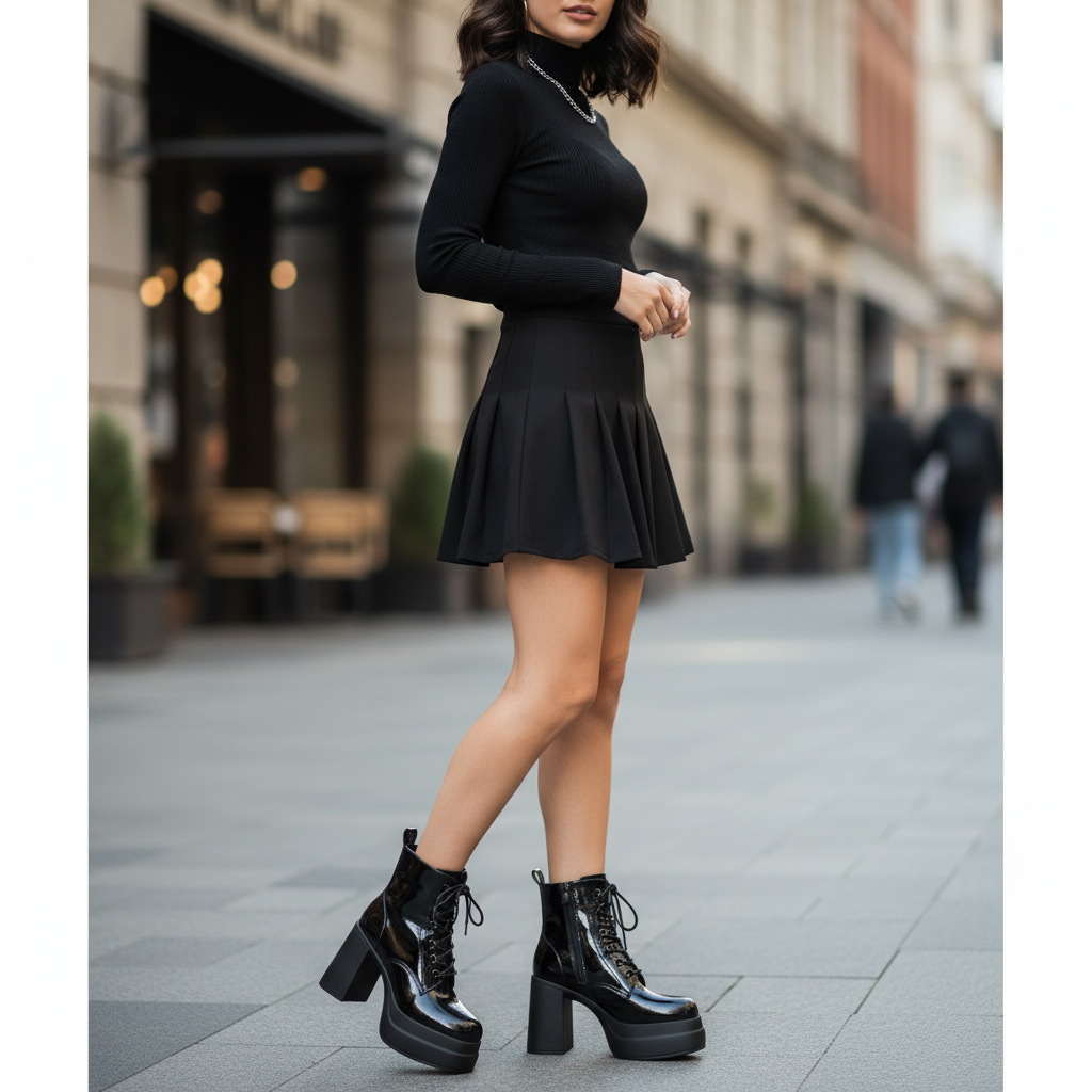 Botin Plataforma Negro Charol mujer Taco Alto Cordones 10 CM