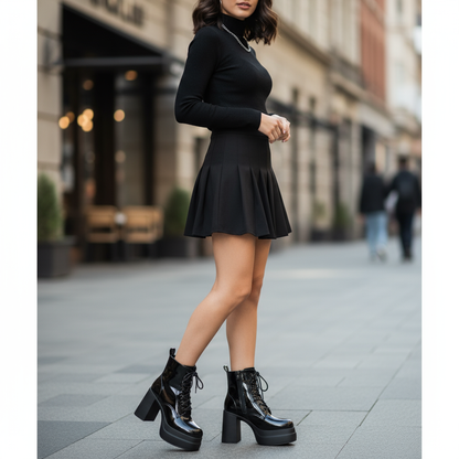 Botin Plataforma Negro Charol mujer Taco Alto Cordones 10 CM