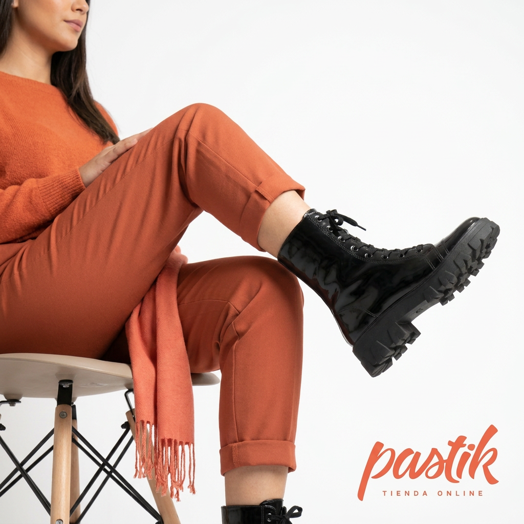 Bototo Charol Negro con Cordones y Taco Medio | Pastik Chile