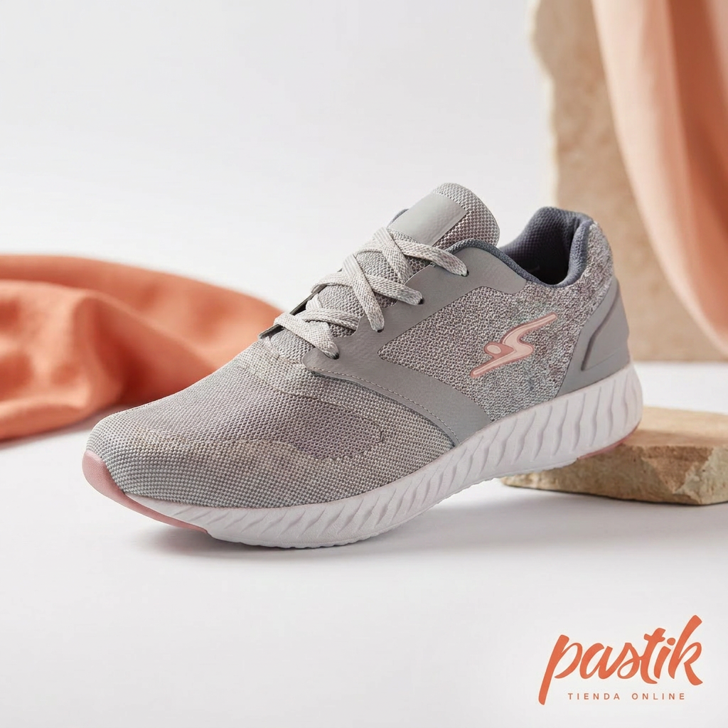 Zapatilla deportiva mujer en color ceniza de la marca Pastikcl, vista lateral con detalles en la suela y diseño moderno