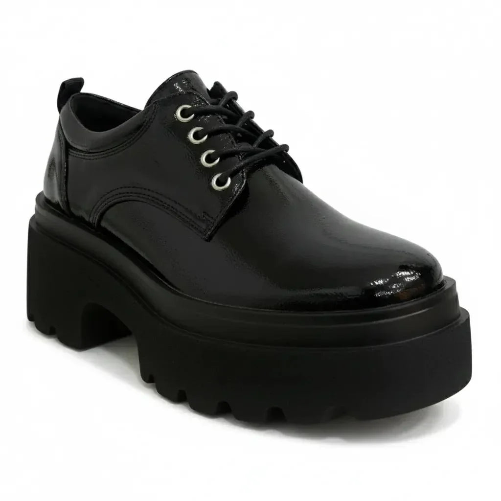 Zapato negro de plataforma con cordones y suela gruesa, calzado urbano y versátil para mujer