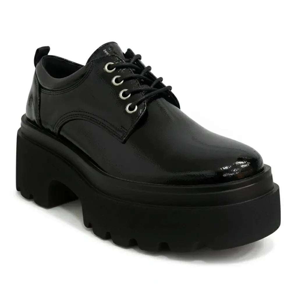Zapato negro de plataforma con cordones y suela gruesa, calzado urbano y versátil para mujer