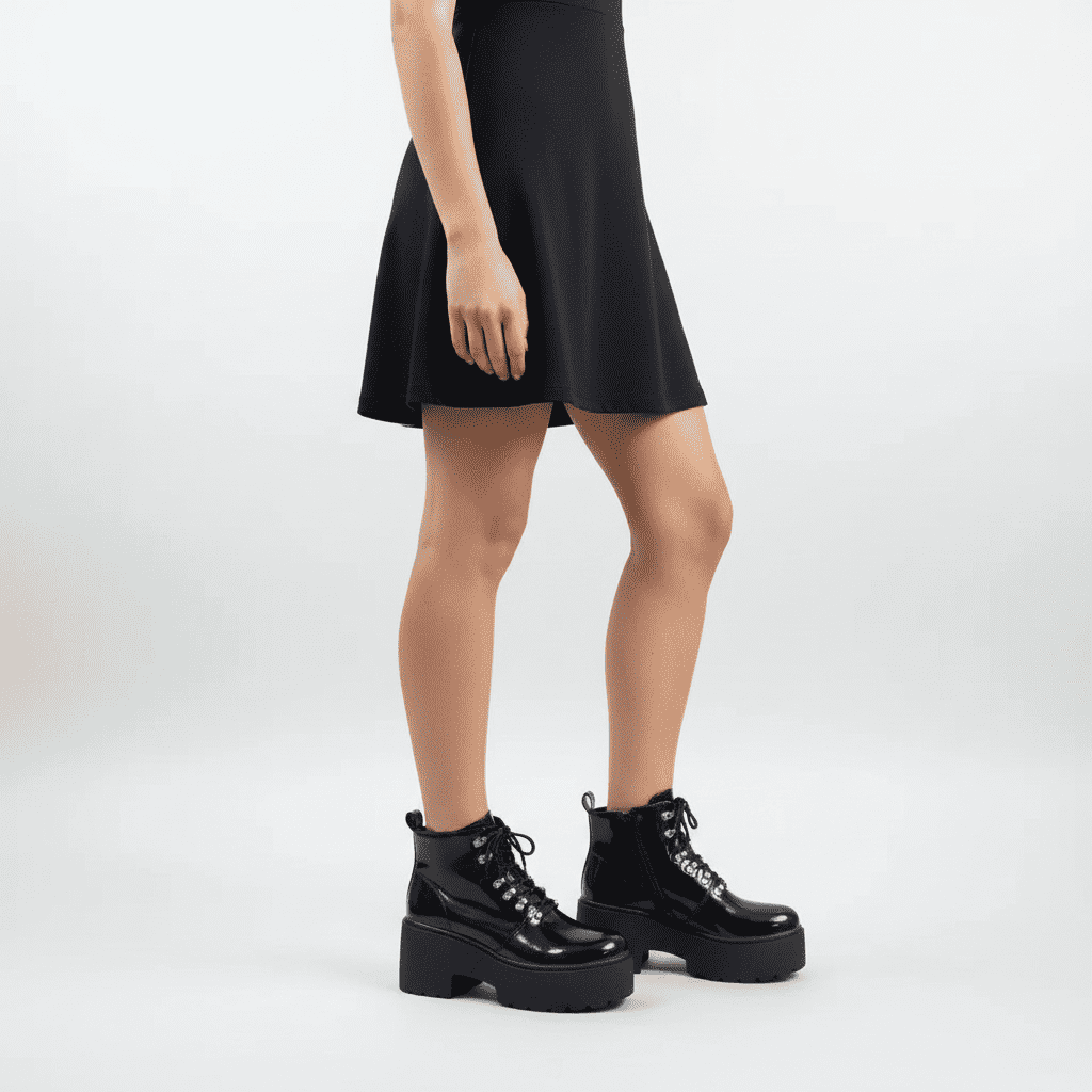 Botín Charol Negro con Plataforma y Cordones - Pastik.cl