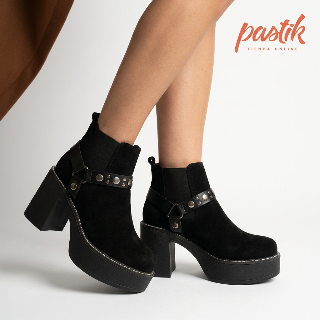 Botines mujer con plataforma de microfibra negra y hebilla, estilo elegante y cómodo de la marca Pastikcl.
