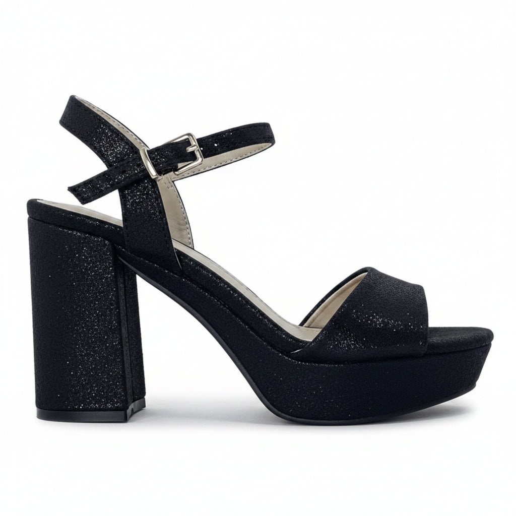 Sandalia taco alto Plataforma Negro Gamuza Brillo