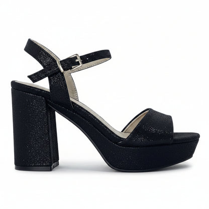 Sandalia taco alto Plataforma Negro Gamuza Brillo