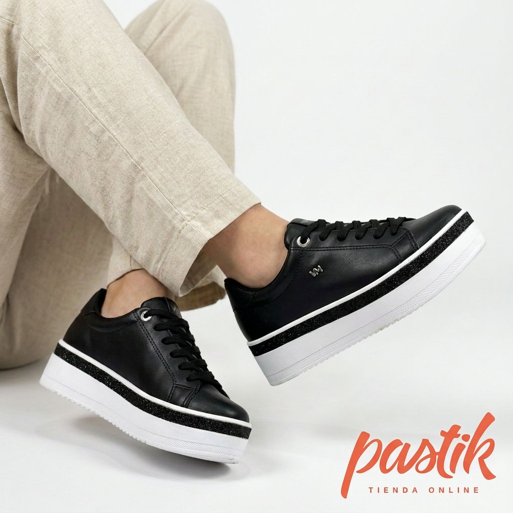 Zapatilla plataforma negra con suela blanca de la marca Pastikcl, estilo moderno y cómodo, visible en la imagen Shine_negra.png.