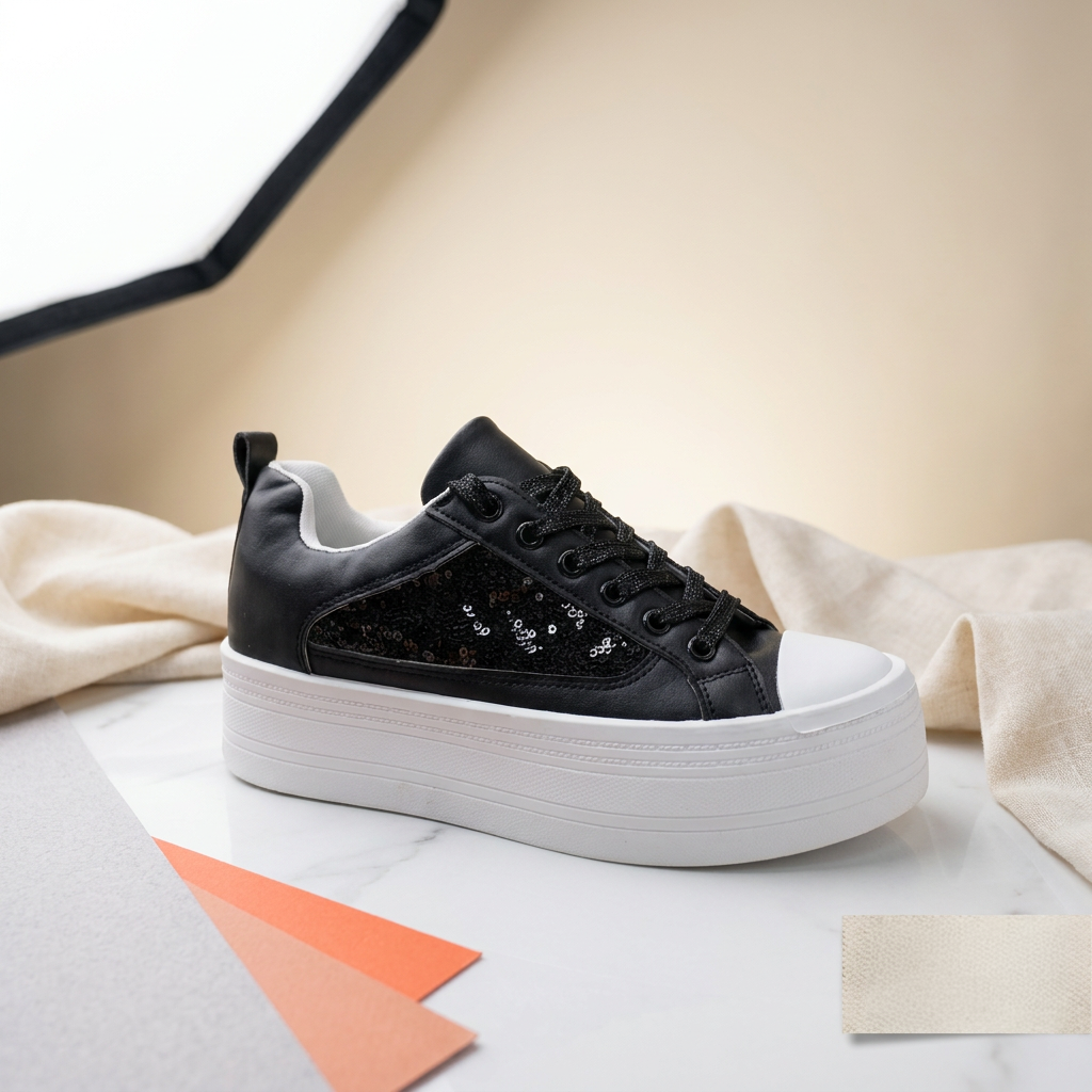 Zapatillas negras con lentejuelas y plataforma de 4 cm para mujer de la marca pastikcl, con detalles brillantes y suela acolchada.