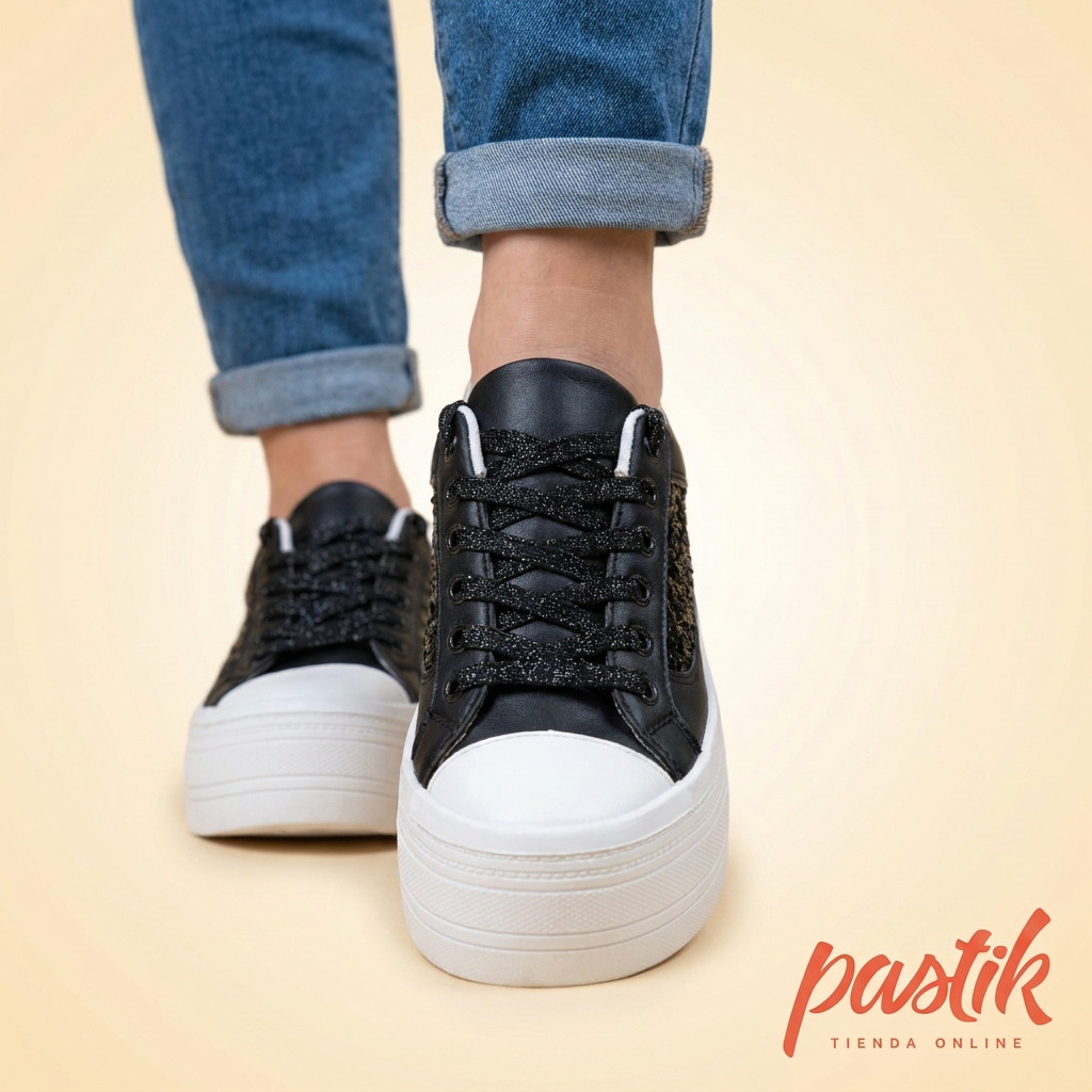 Zapatillas de lentejuelas negras con plataforma de 4 cm para mujer Pastik