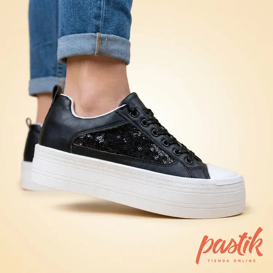 Zapatillas de lentejuelas negras con plataforma de 4 cm para mujer Pastik